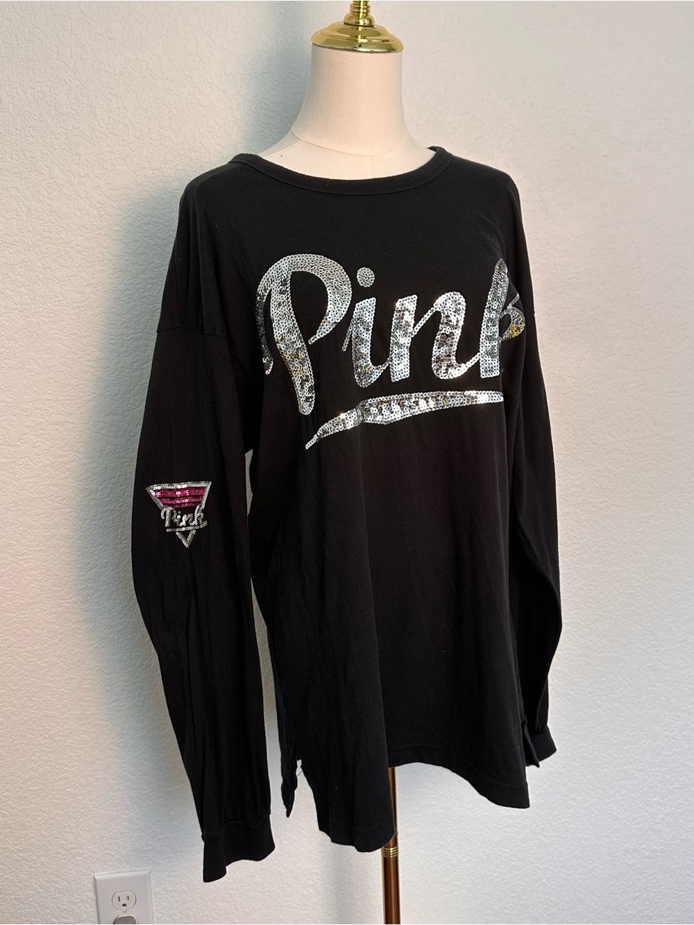 2016 PINK Victoria's Secret Black Long-Sleeve Shirt with Silver Sequin Logo